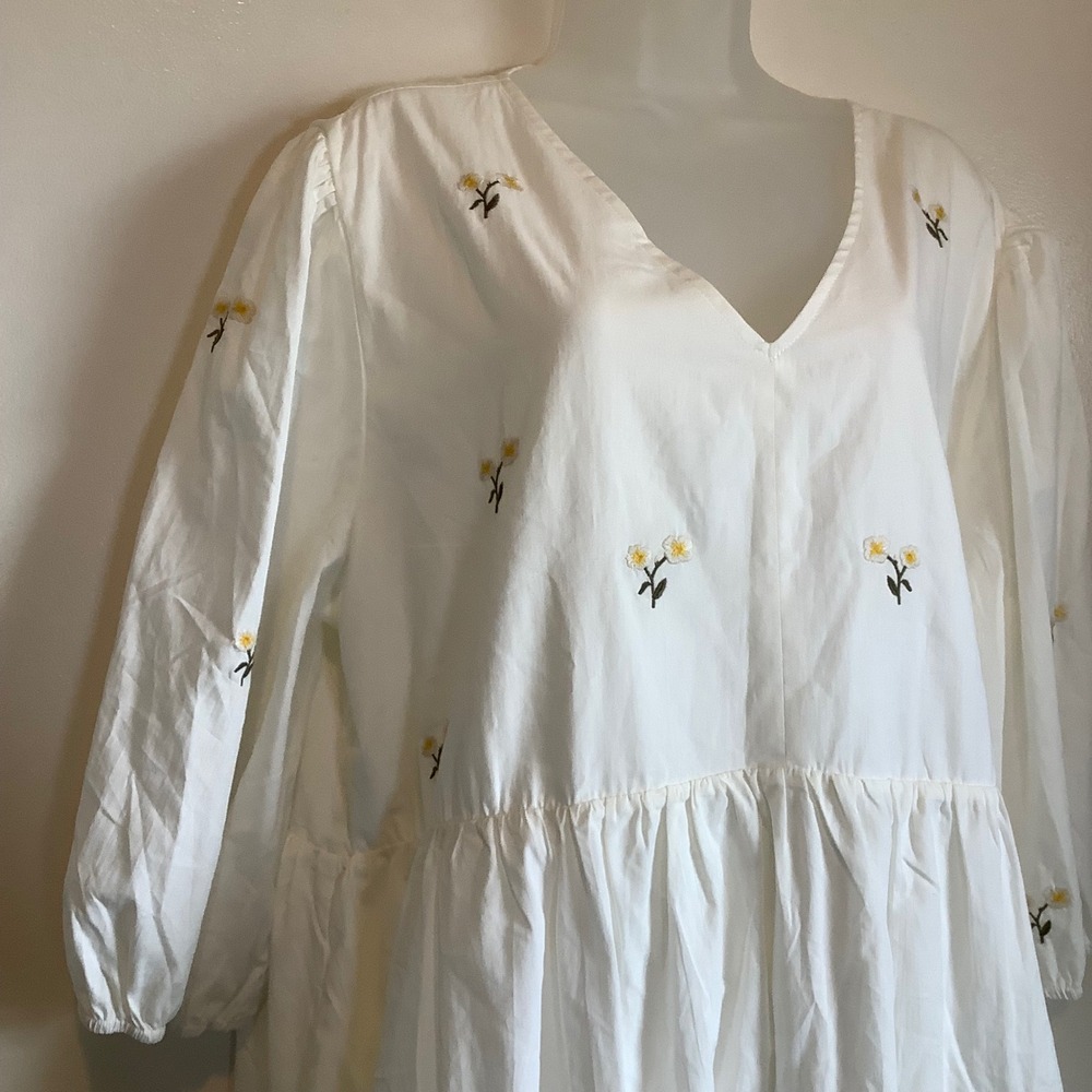 Polagram White Floral Embroidered Babydoll Dress‎ V-Neck Puff Sleeve 2XL Cottage